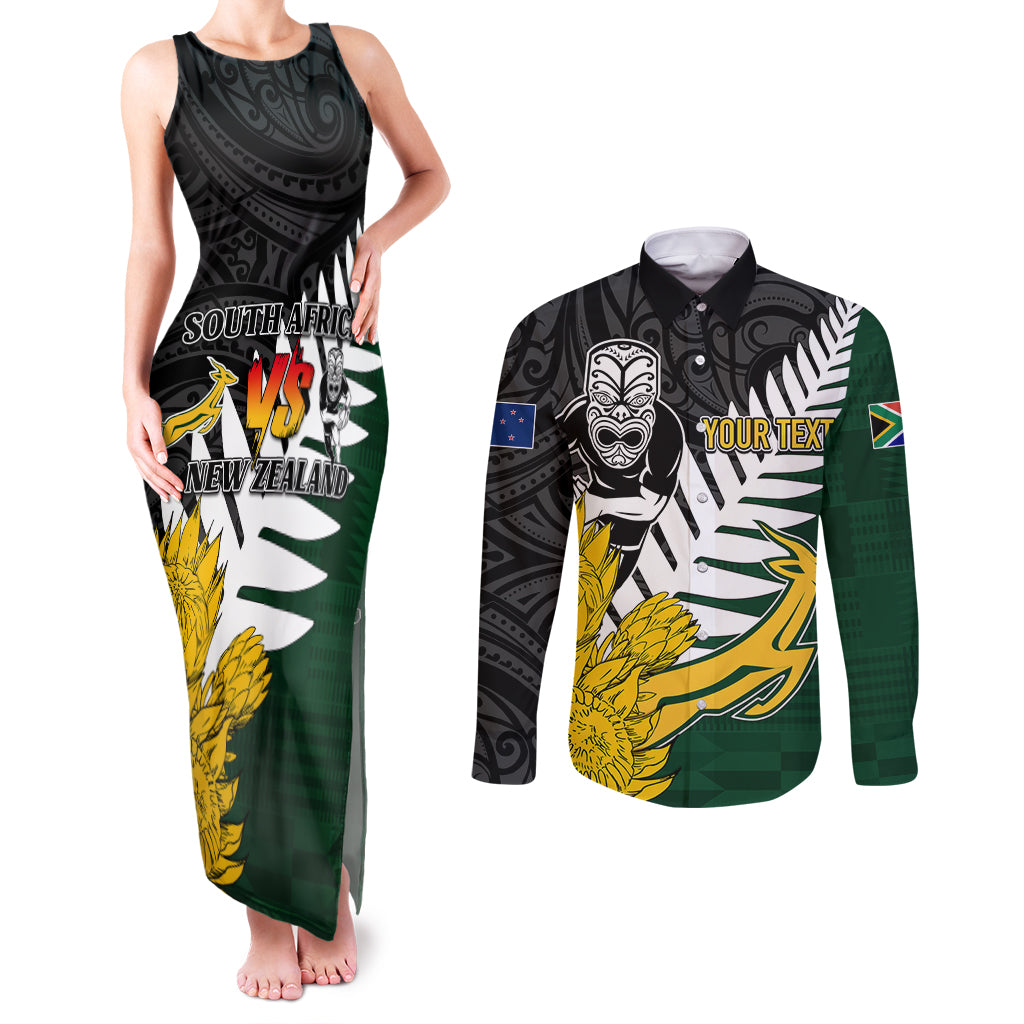 Personalised New Zealand Vs South Africa Rugby Couples Matching Tank Maxi Dress and Long Sleeve Button Shirts Rivals - Tribal Style LT7 Black Green - Polynesian Pride