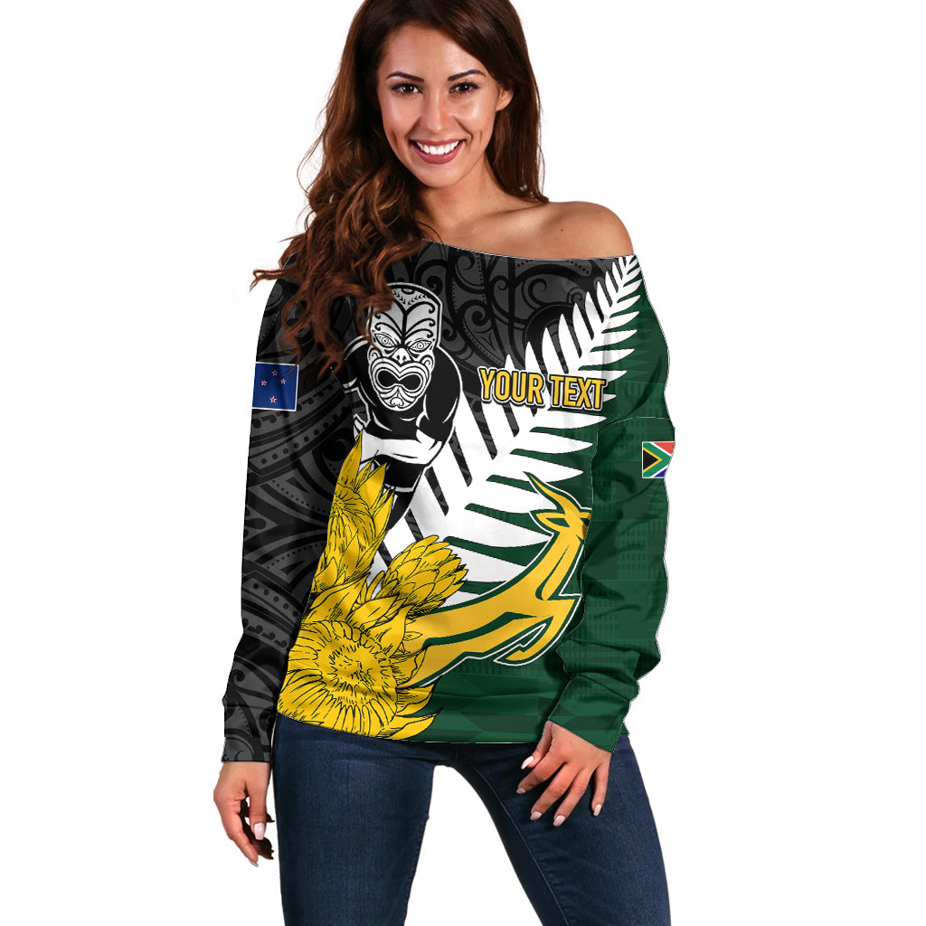 Personalised New Zealand Vs South Africa Rugby Off Shoulder Sweater Rivals - Tribal Style LT7 Women Black Green - Polynesian Pride