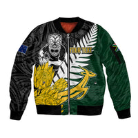 Personalised New Zealand Vs South Africa Rugby Sleeve Zip Bomber Jacket Rivals - Tribal Style LT7 Unisex Black Green - Polynesian Pride