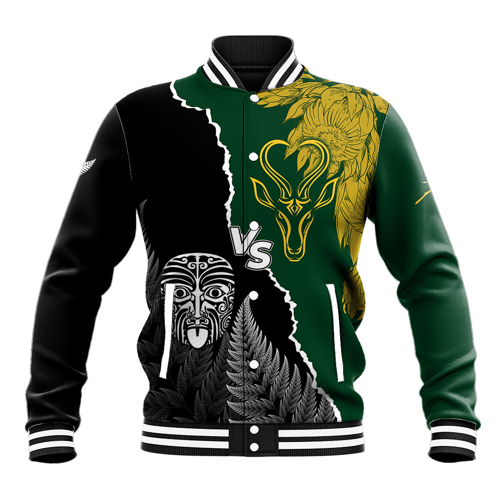 Personalised New Zealand Vs South Africa Rugby Baseball Jacket Rivals Dynamics LT7 Unisex Black Green - Polynesian Pride