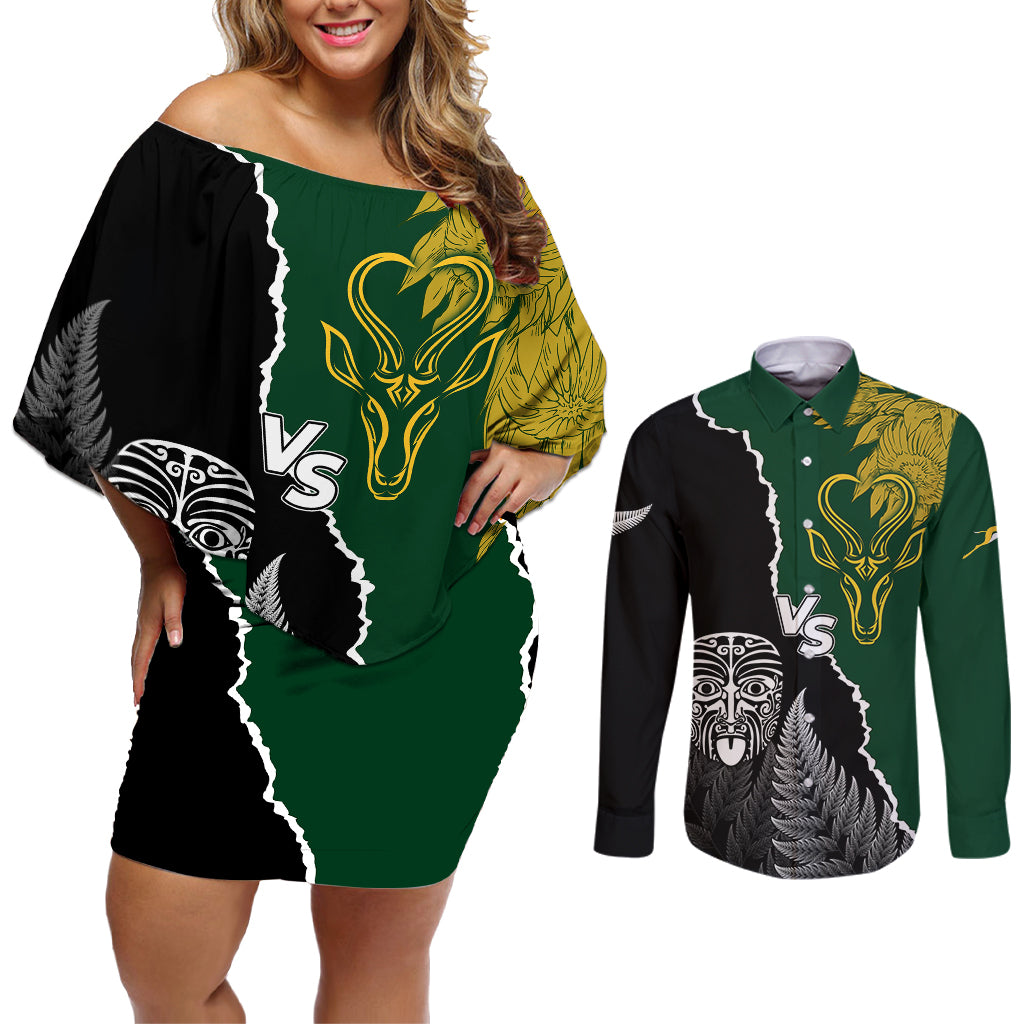 Personalised New Zealand Vs South Africa Rugby Couples Matching Off Shoulder Short Dress and Long Sleeve Button Shirts Rivals Dynamics LT7 Black Green - Polynesian Pride