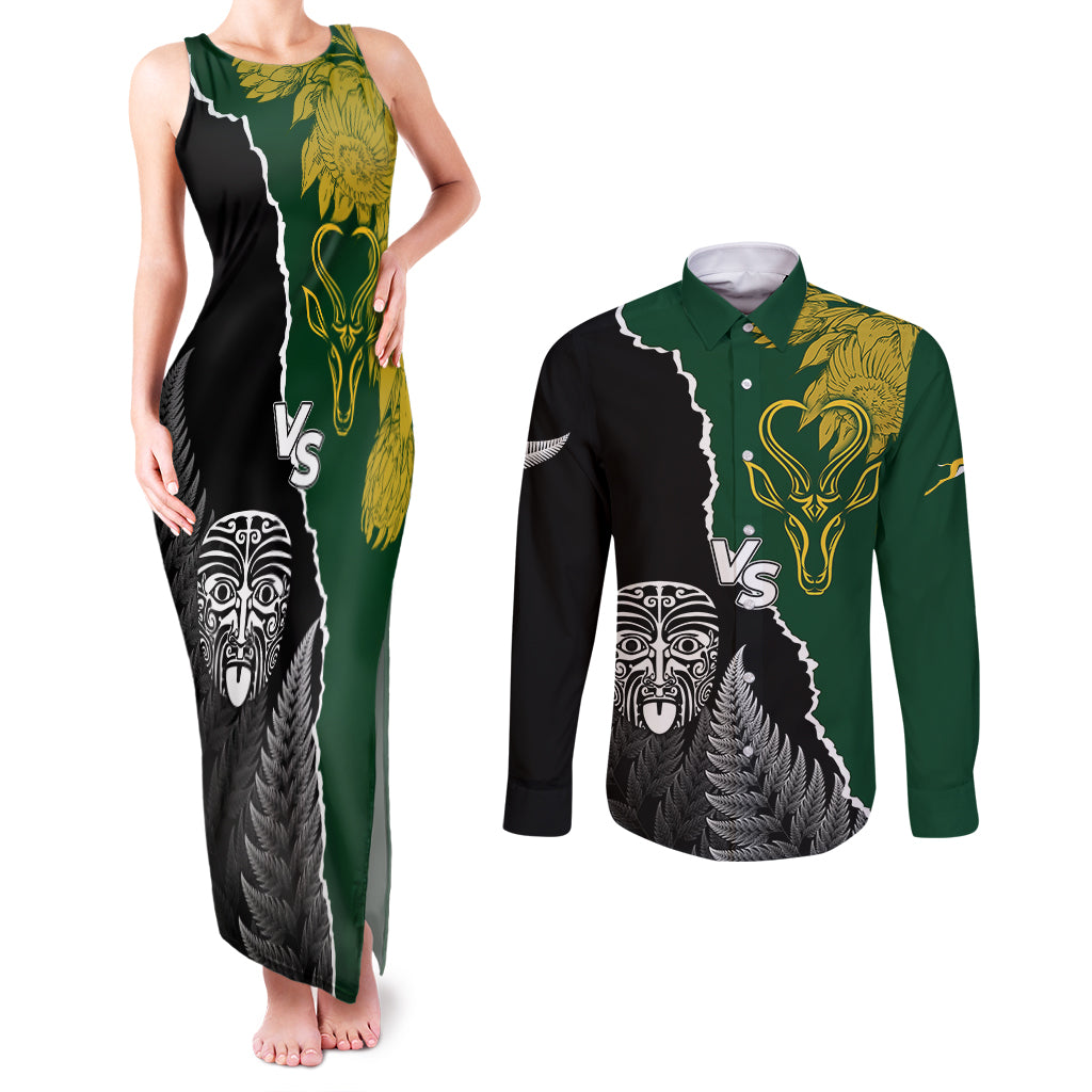 Personalised New Zealand Vs South Africa Rugby Couples Matching Tank Maxi Dress and Long Sleeve Button Shirts Rivals Dynamics LT7 Black Green - Polynesian Pride