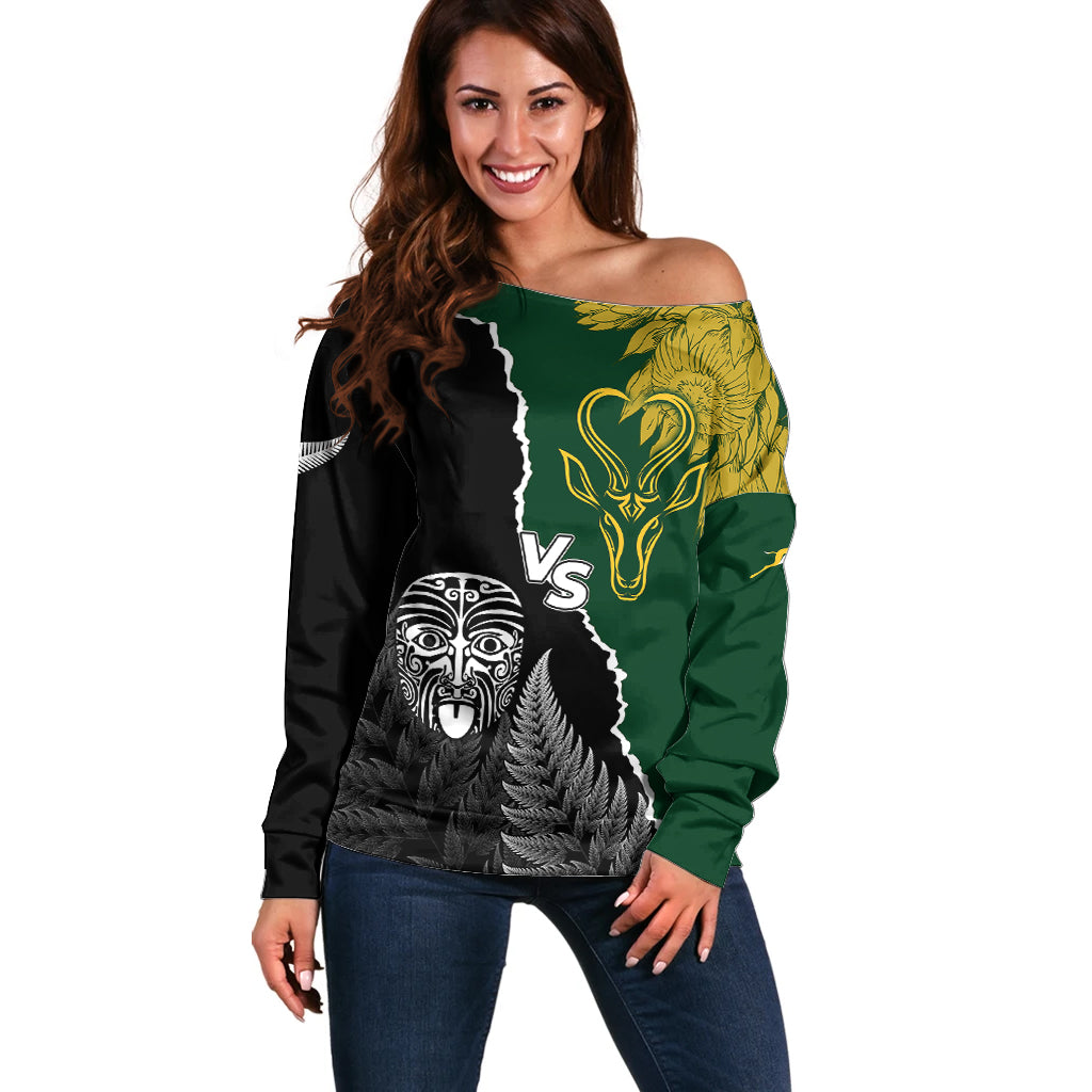 Personalised New Zealand Vs South Africa Rugby Off Shoulder Sweater Rivals Dynamics LT7 Women Black Green - Polynesian Pride
