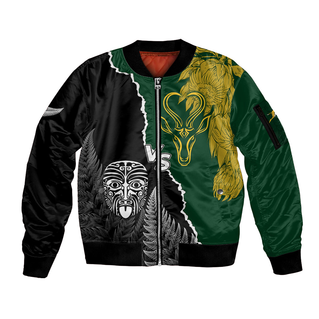 Personalised New Zealand Vs South Africa Rugby Sleeve Zip Bomber Jacket Rivals Dynamics LT7 Unisex Black Green - Polynesian Pride