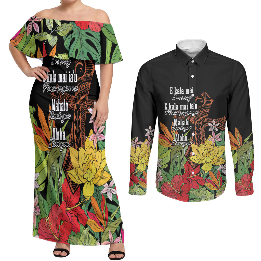 Mahalo Hawaii Ho'oponopono Pule Couples Matching Off Shoulder Maxi Dress and Long Sleeve Button Shirt Polynesian Pattern Cross LT7 Black - Polynesian Pride
