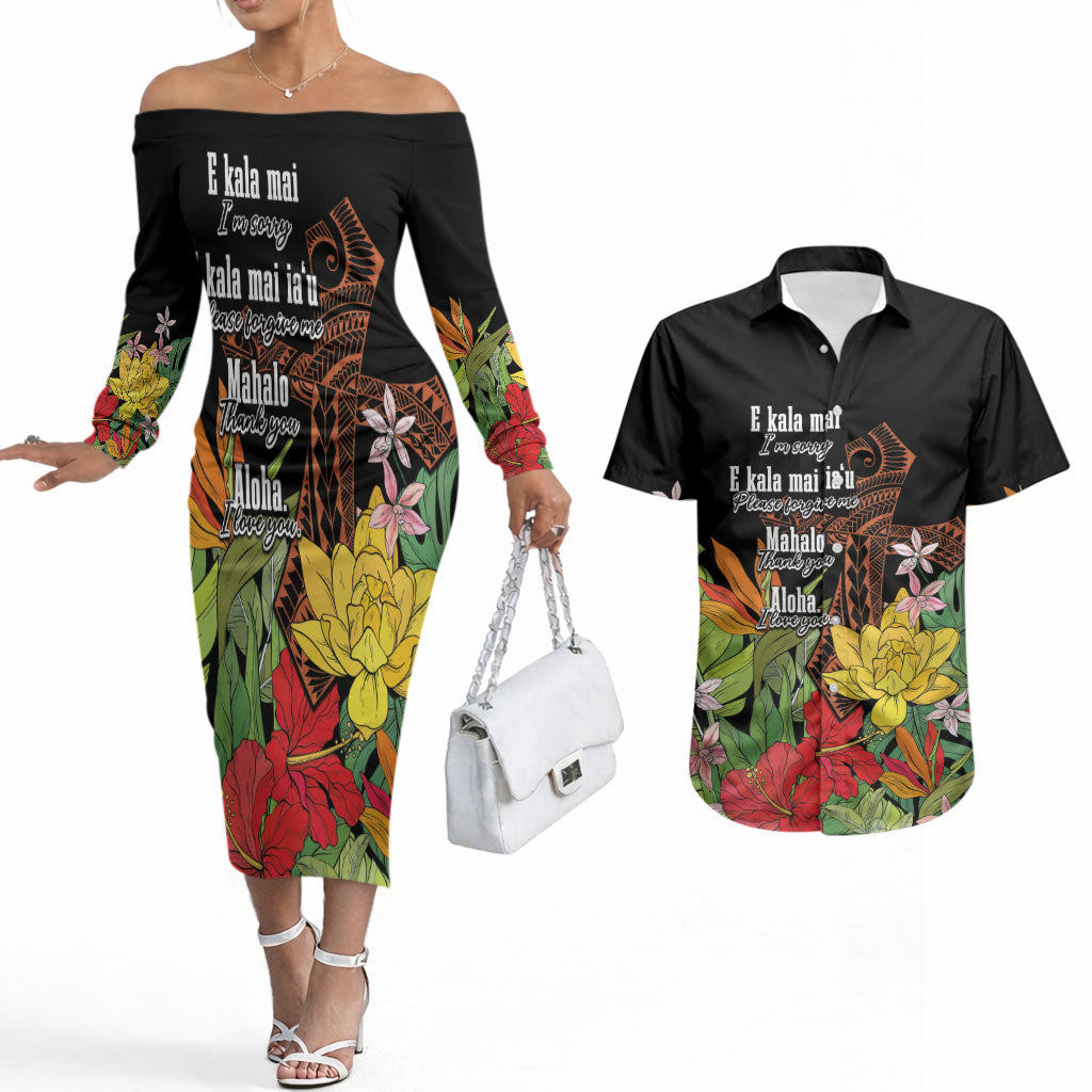 Mahalo Hawaii Ho'oponopono Pule Couples Matching Off The Shoulder Long Sleeve Dress and Hawaiian Shirt Polynesian Pattern Cross LT7 Black - Polynesian Pride