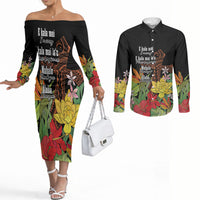 Mahalo Hawaii Ho'oponopono Pule Couples Matching Off The Shoulder Long Sleeve Dress and Long Sleeve Button Shirt Polynesian Pattern Cross LT7 Black - Polynesian Pride