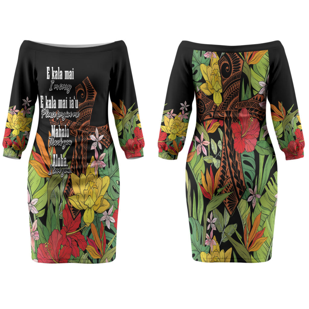Mahalo Hawaii Ho'oponopono Pule Couples Matching Off The Shoulder Long Sleeve Dress and Long Sleeve Button Shirt Polynesian Pattern Cross LT7 - Polynesian Pride
