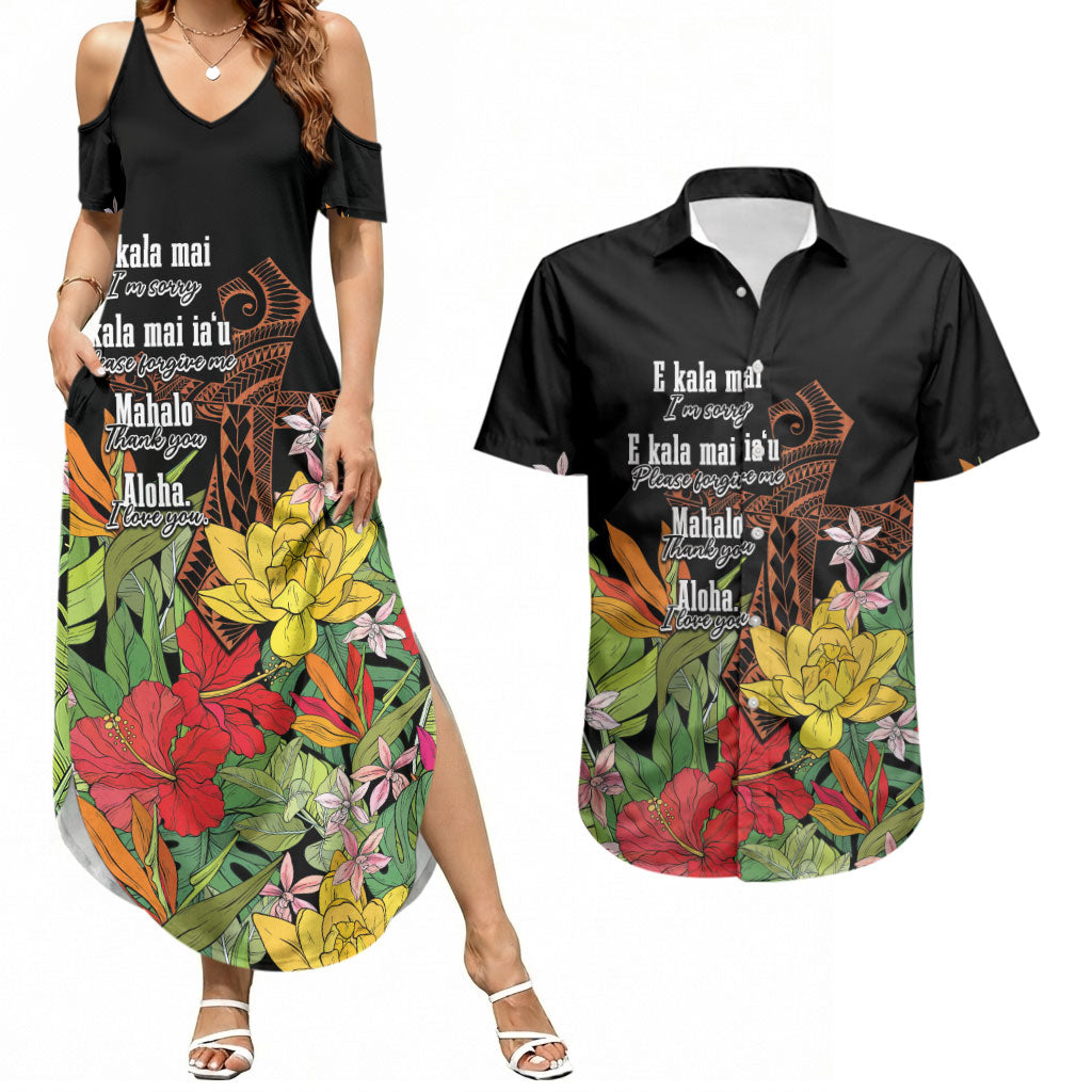 Mahalo Hawaii Ho'oponopono Pule Couples Matching Summer Maxi Dress and Hawaiian Shirt Polynesian Pattern Cross LT7 Black - Polynesian Pride
