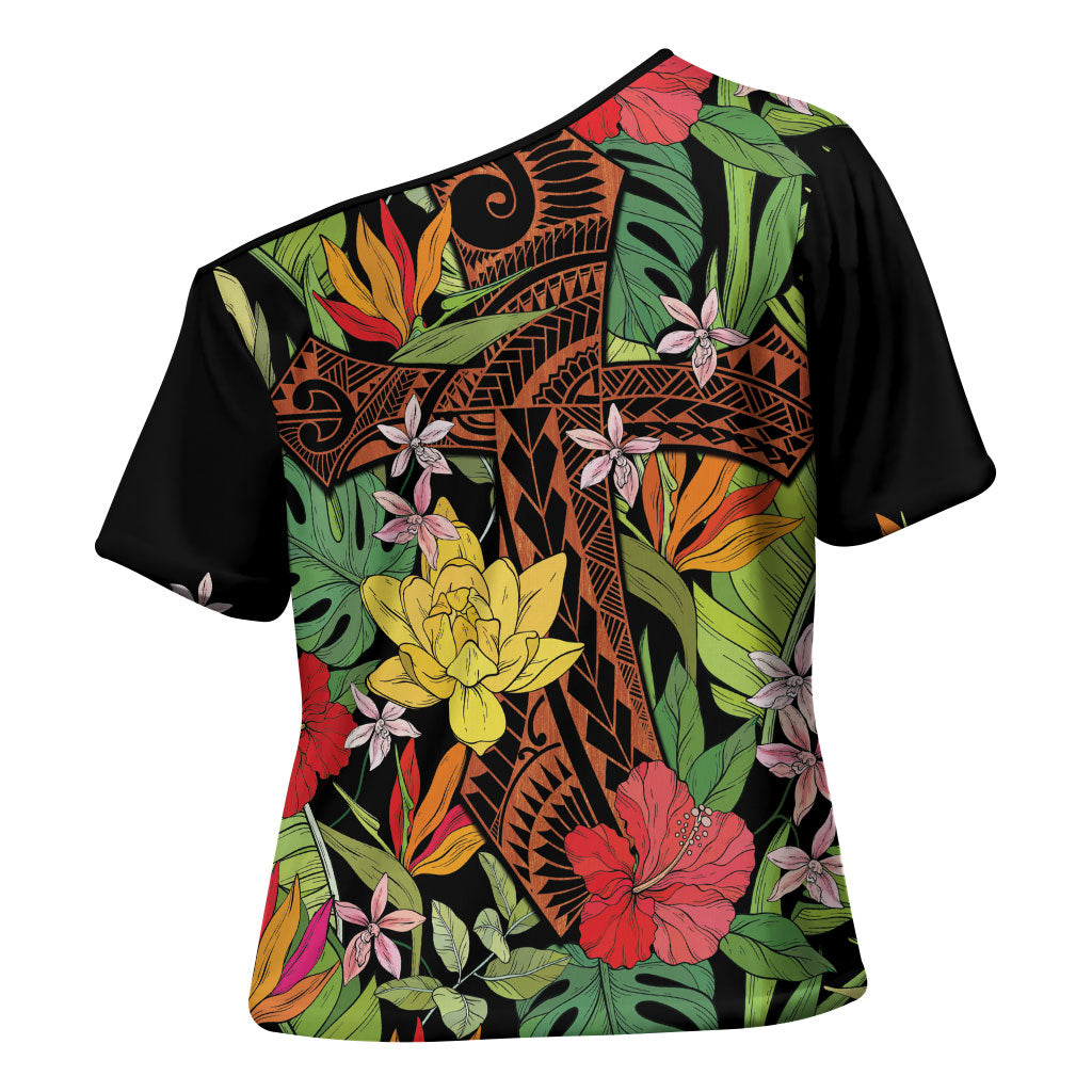 Mahalo Hawaii Ho'oponopono Pule Cross Shoulder Shirt Polynesian Pattern Cross
