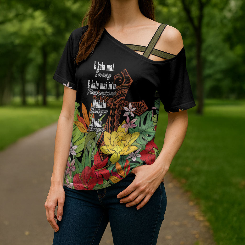 Mahalo Hawaii Ho'oponopono Pule Cross Shoulder Shirt Polynesian Pattern Cross