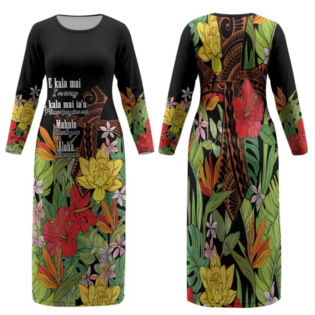Mahalo Hawaii Ho'oponopono Pule Family Matching Long Sleeve Bodycon Dress and Hawaiian Shirt Polynesian Pattern Cross LT7 Mom's Dress Black - Polynesian Pride