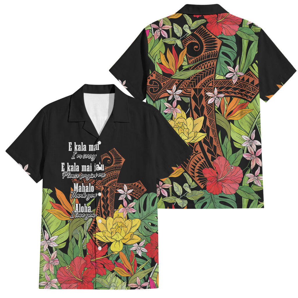 Mahalo Hawaii Ho'oponopono Pule Family Matching Off The Shoulder Long Sleeve Dress and Hawaiian Shirt Polynesian Pattern Cross LT7 Dad's Shirt - Short Sleeve Black - Polynesian Pride