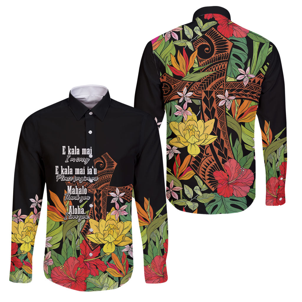 Mahalo Hawaii Ho'oponopono Pule Family Matching Off The Shoulder Long Sleeve Dress and Hawaiian Shirt Polynesian Pattern Cross LT7 Dad's Shirt - Long Sleeve Black - Polynesian Pride
