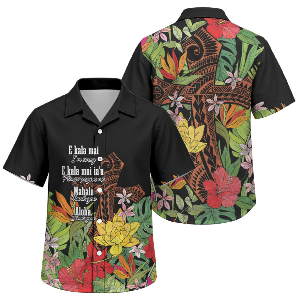 Mahalo Hawaii Ho'oponopono Pule Family Matching Tank Maxi Dress and Hawaiian Shirt Polynesian Pattern Cross LT7 Son's Shirt Black - Polynesian Pride