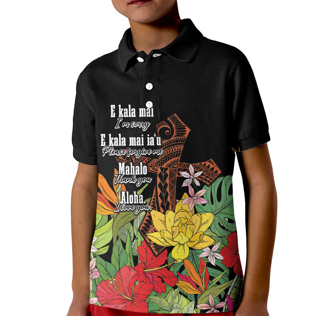 Mahalo Hawaii Ho'oponopono Pule Kid Polo Shirt Polynesian Pattern Cross LT7 Kid Black - Polynesian Pride