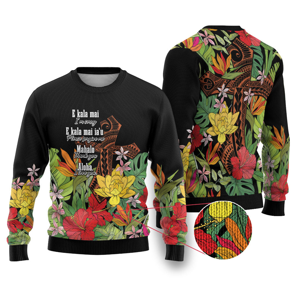 Mahalo Hawaii Ho'oponopono Pule Ugly Christmas Sweater Polynesian Pattern Cross LT7 Black - Polynesian Pride