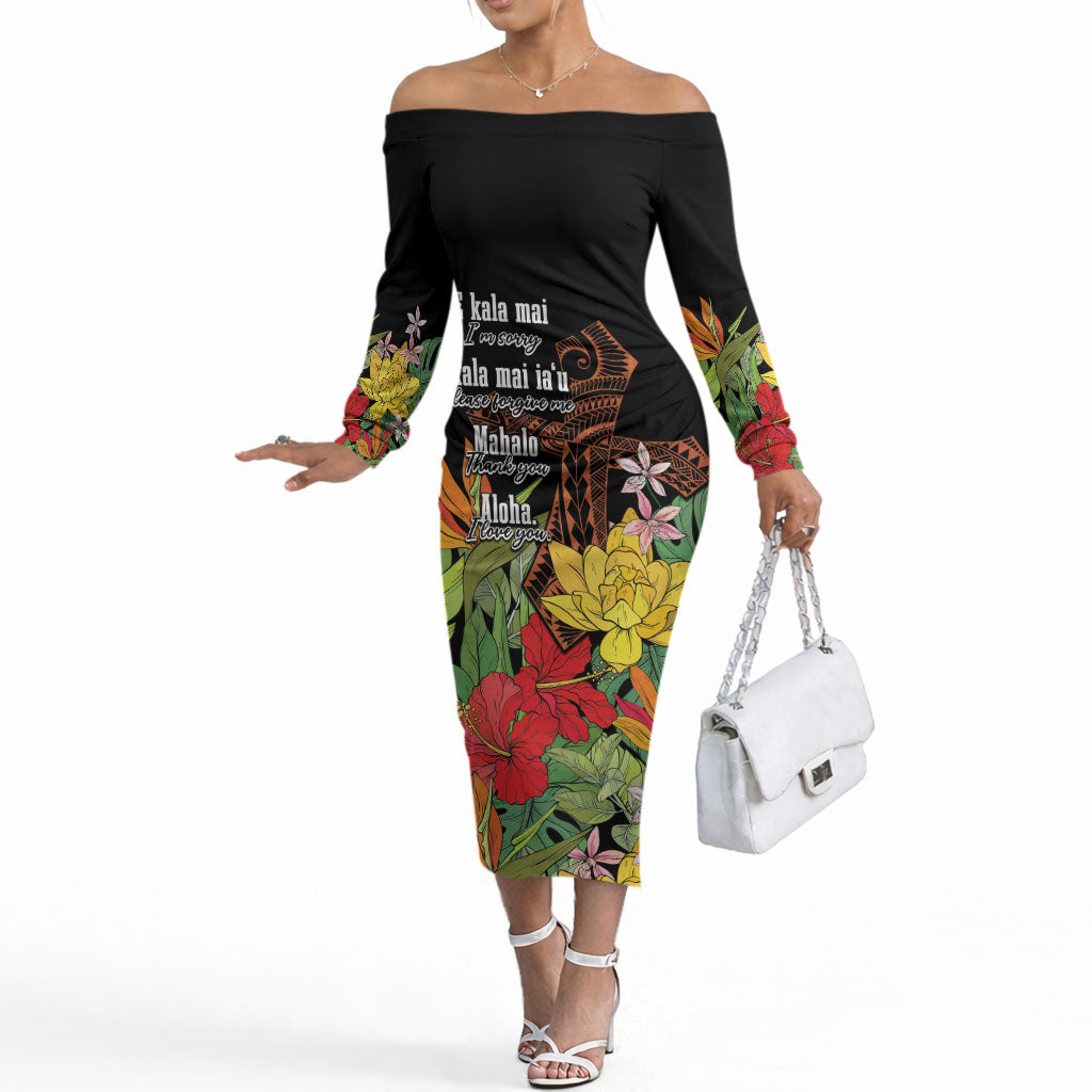 Mahalo Hawaii Ho'oponopono Pule Off The Shoulder Long Sleeve Dress Polynesian Pattern Cross LT7 Women Black - Polynesian Pride