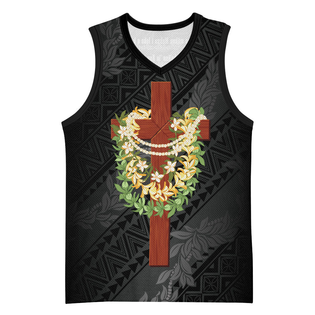Hawaii Ka Pule a ka Haku Memorial Basketball Jersey Flower Lei Cross - Black LT7 Unisex Black - Polynesian Pride