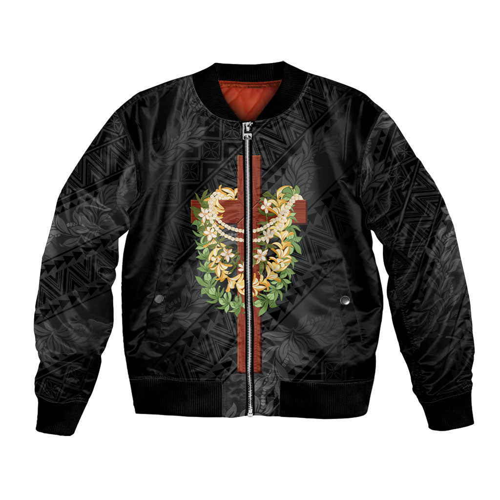 Hawaii Ka Pule a ka Haku Memorial Bomber Jacket Flower Lei Cross - Black LT7 Unisex Black - Polynesian Pride