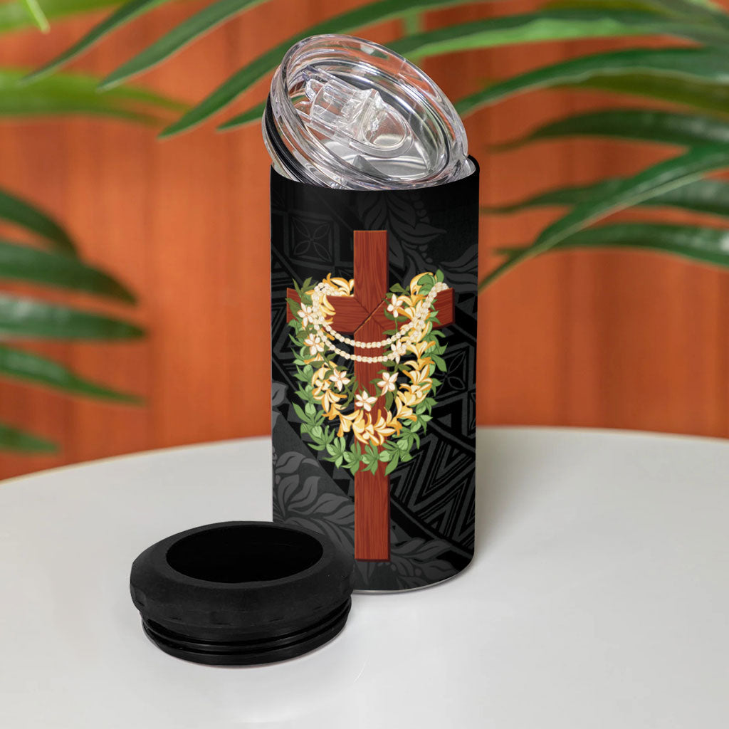 Hawaii Ka Pule a ka Haku Memorial 4 in 1 Can Cooler Tumbler Flower Lei Cross - Black LT7 - Polynesian Pride