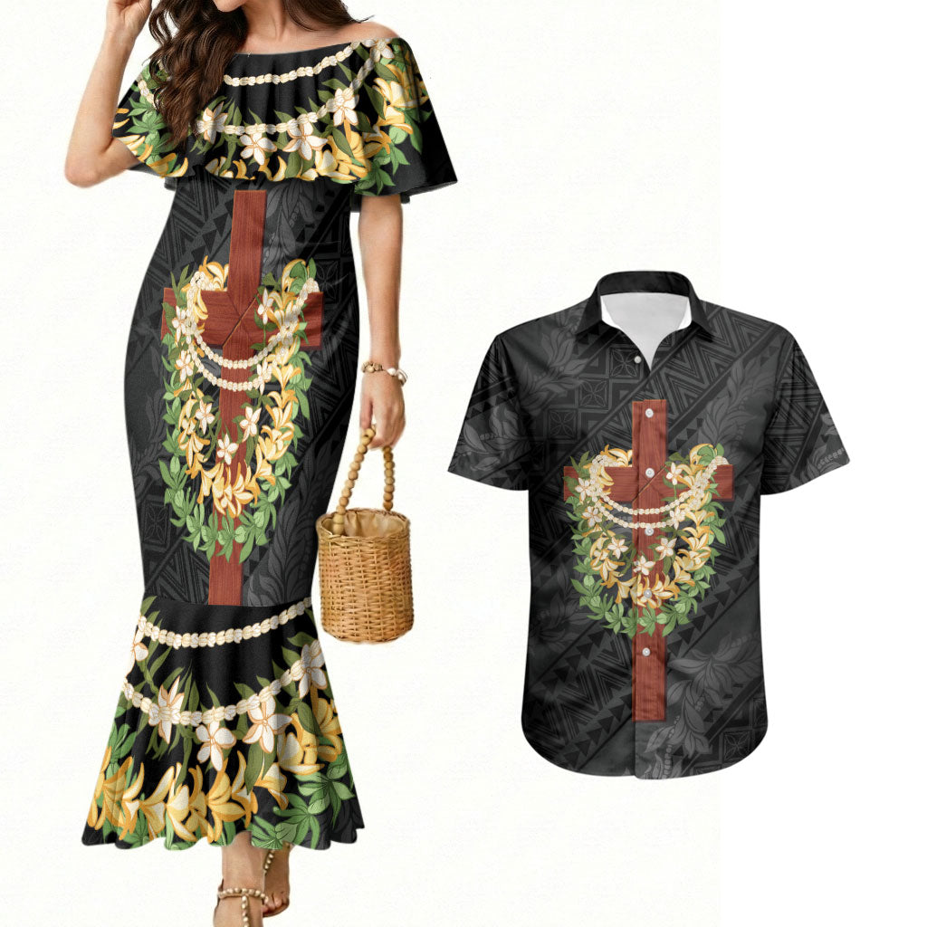 Hawaii Ka Pule a ka Haku Memorial Couples Matching Mermaid Dress and Hawaiian Shirt Flower Lei Cross - Black LT7 Black - Polynesian Pride