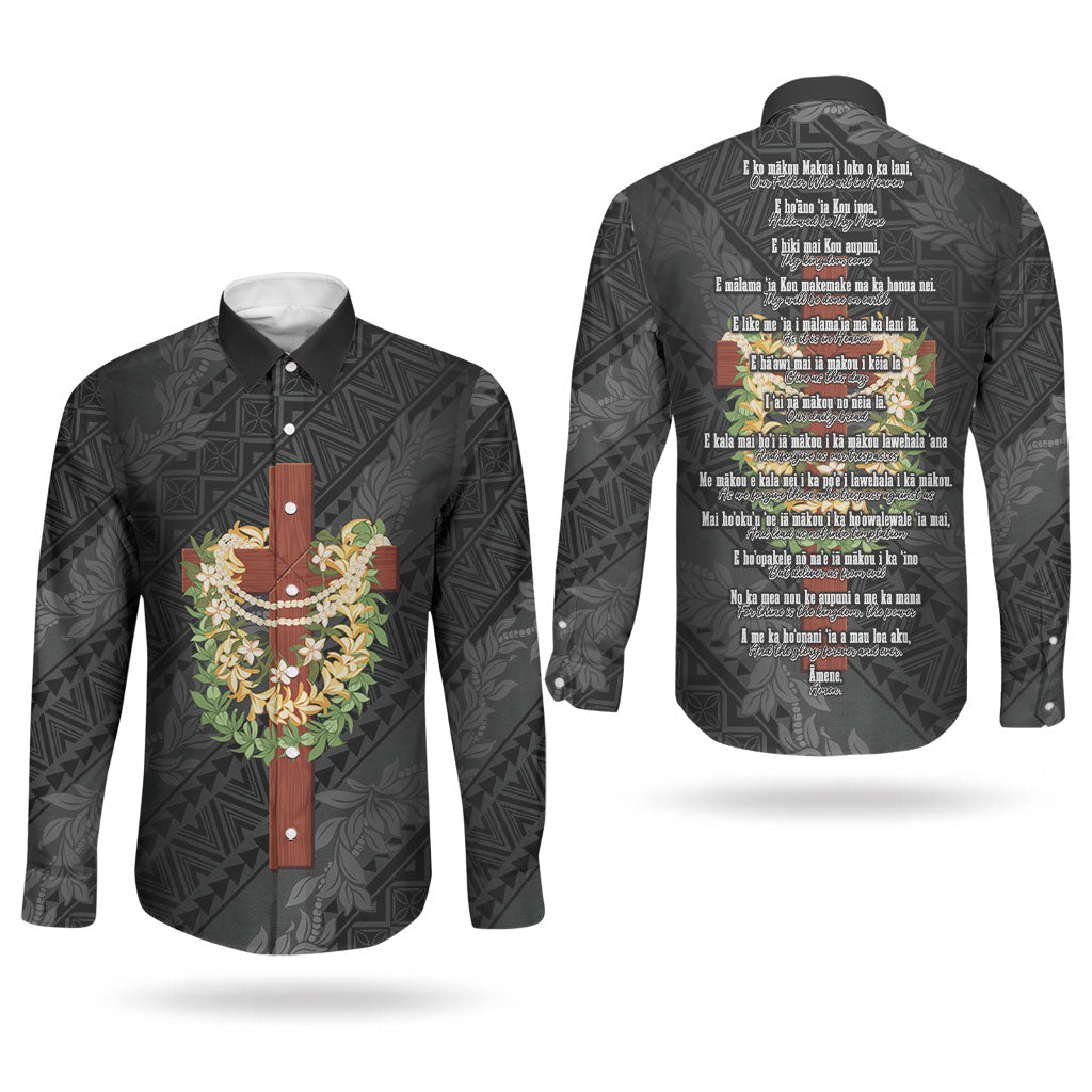 Hawaii Ka Pule a ka Haku Memorial Couples Matching Mermaid Dress and Long Sleeve Button Shirt Flower Lei Cross - Black LT7 - Polynesian Pride