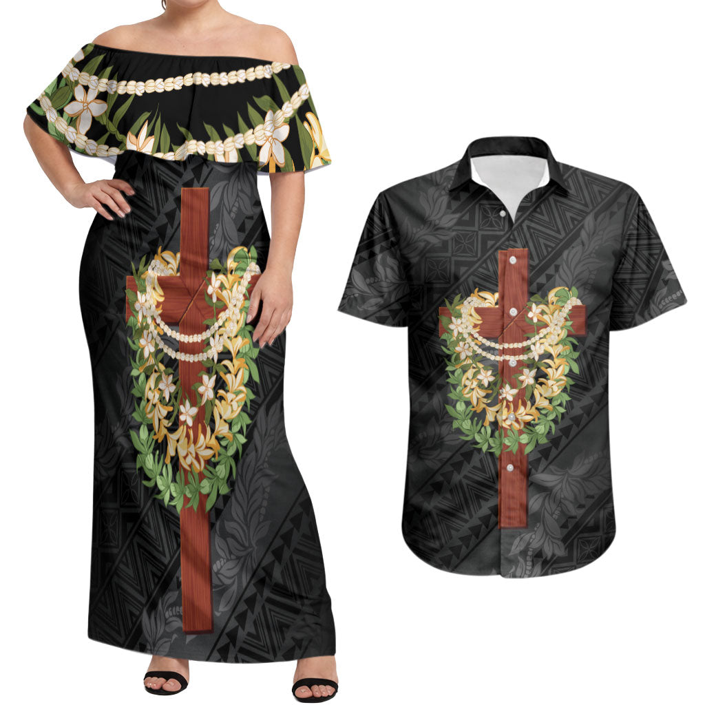 Hawaii Ka Pule a ka Haku Memorial Couples Matching Off Shoulder Maxi Dress and Hawaiian Shirt Flower Lei Cross - Black LT7 Black - Polynesian Pride