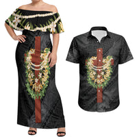 Hawaii Ka Pule a ka Haku Memorial Couples Matching Off Shoulder Maxi Dress and Hawaiian Shirt Flower Lei Cross - Black LT7 Black - Polynesian Pride