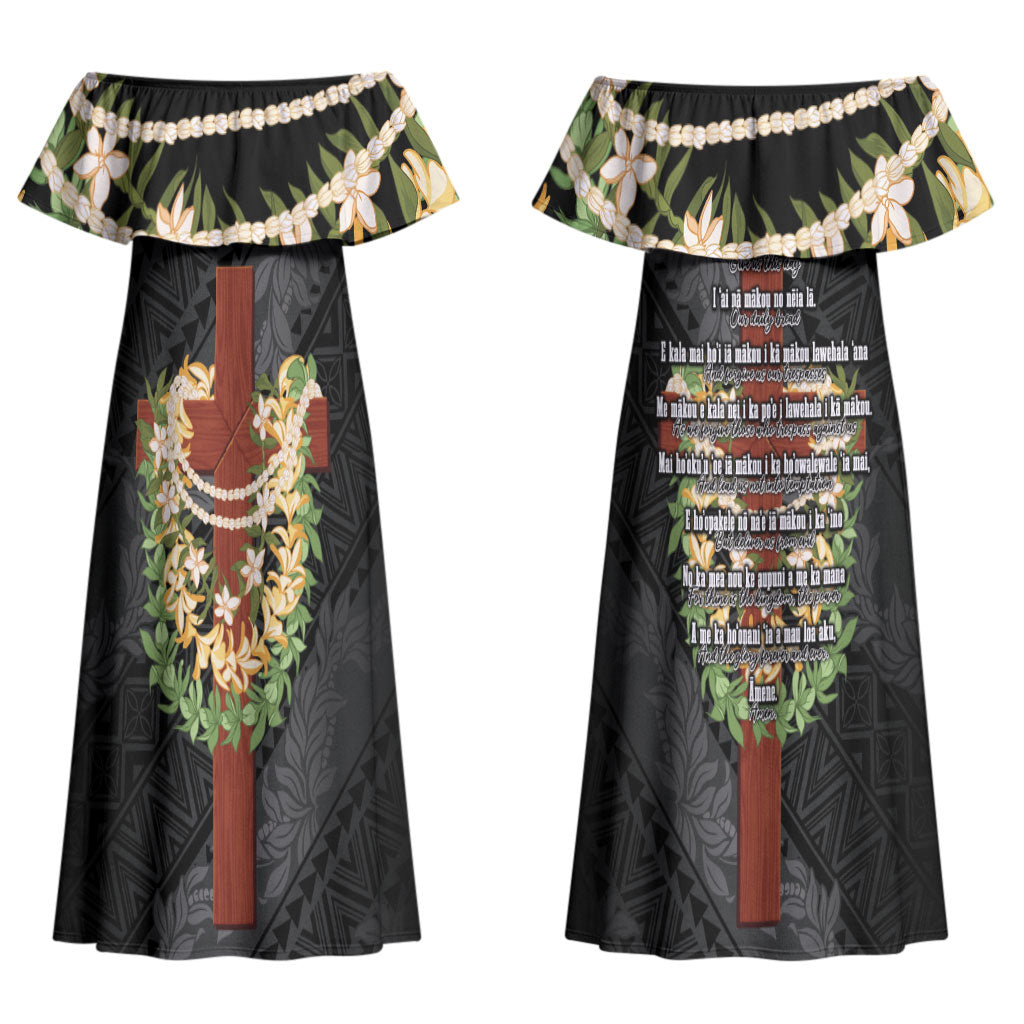 Hawaii Ka Pule a ka Haku Memorial Couples Matching Off Shoulder Maxi Dress and Hawaiian Shirt Flower Lei Cross - Black LT7 - Polynesian Pride