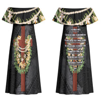 Hawaii Ka Pule a ka Haku Memorial Couples Matching Off Shoulder Maxi Dress and Hawaiian Shirt Flower Lei Cross - Black LT7 - Polynesian Pride