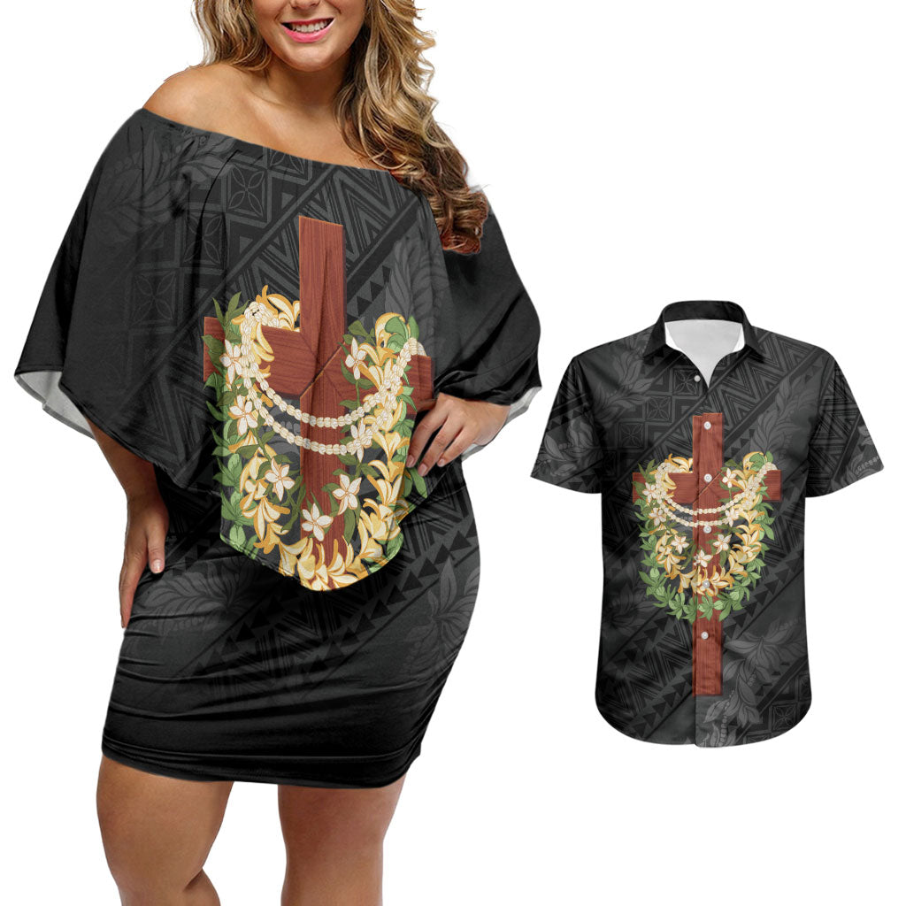 Hawaii Ka Pule a ka Haku Memorial Couples Matching Off Shoulder Short Dress and Hawaiian Shirt Flower Lei Cross - Black LT7 Black - Polynesian Pride
