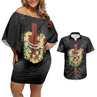 Hawaii Ka Pule a ka Haku Memorial Couples Matching Off Shoulder Short Dress and Hawaiian Shirt Flower Lei Cross - Black LT7 Black - Polynesian Pride