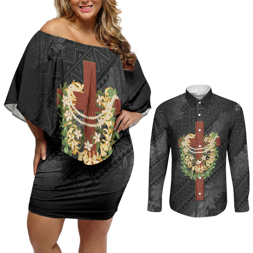 Hawaii Ka Pule a ka Haku Memorial Couples Matching Off Shoulder Short Dress and Long Sleeve Button Shirt Flower Lei Cross - Black LT7 Black - Polynesian Pride