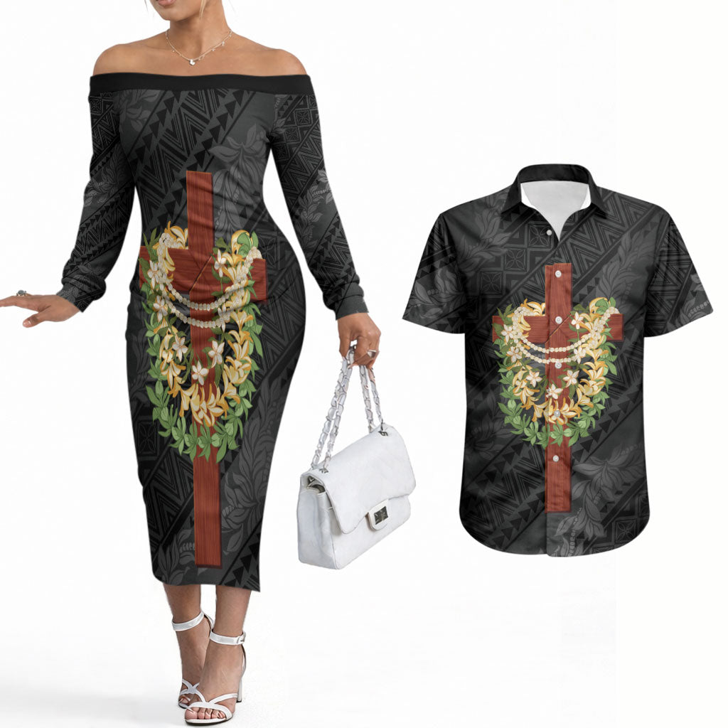 Hawaii Ka Pule a ka Haku Memorial Couples Matching Off The Shoulder Long Sleeve Dress and Hawaiian Shirt Flower Lei Cross - Black LT7 Black - Polynesian Pride