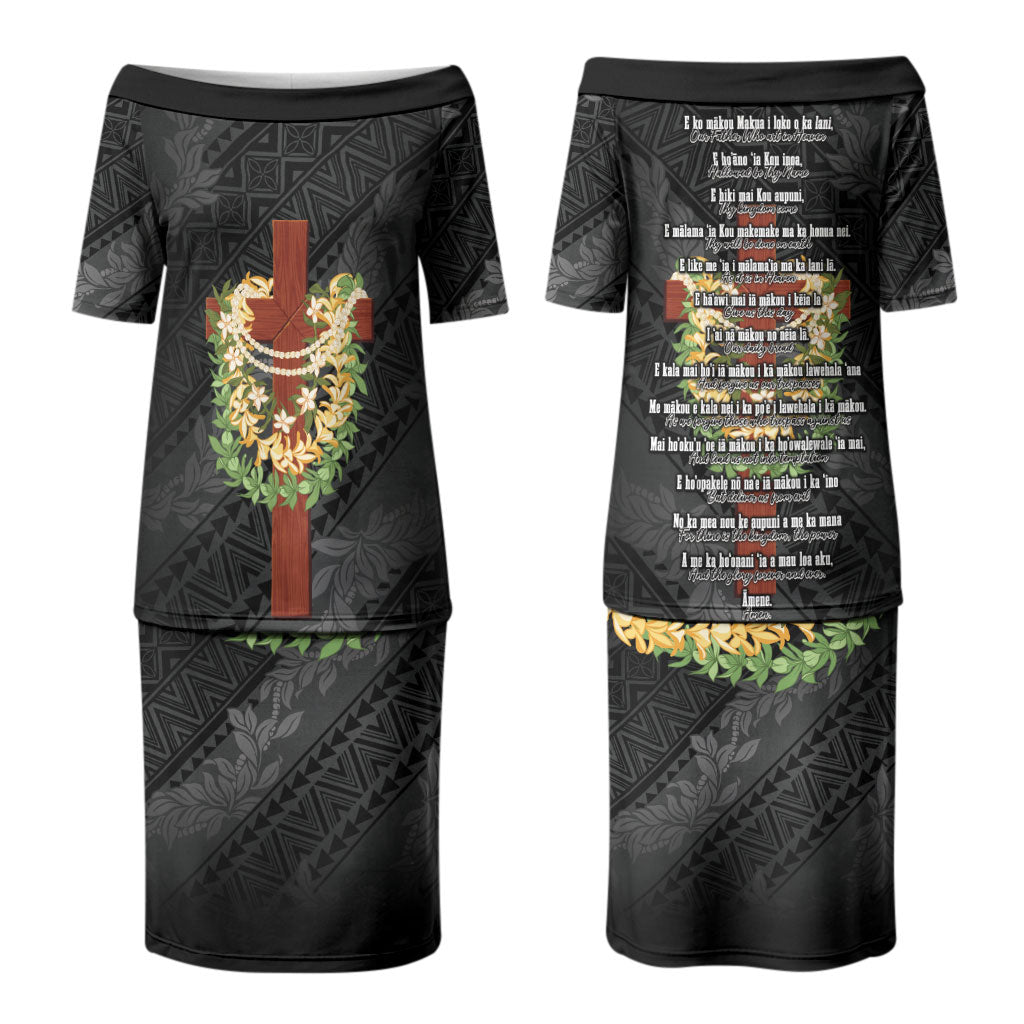Hawaii Ka Pule a ka Haku Memorial Couples Matching Puletasi and Hawaiian Shirt Flower Lei Cross - Black LT7 - Polynesian Pride