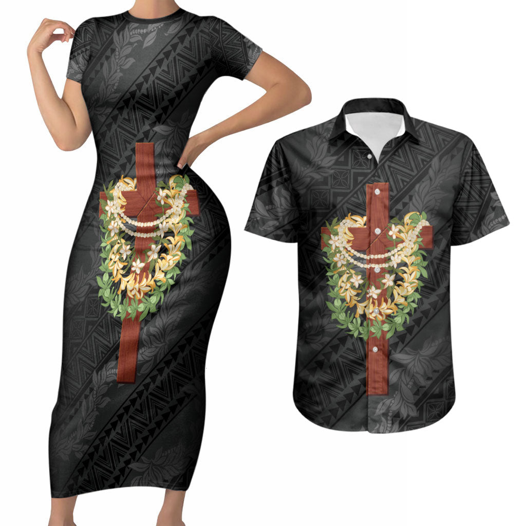 Hawaii Ka Pule a ka Haku Memorial Couples Matching Short Sleeve Bodycon Dress and Hawaiian Shirt Flower Lei Cross - Black LT7 Black - Polynesian Pride
