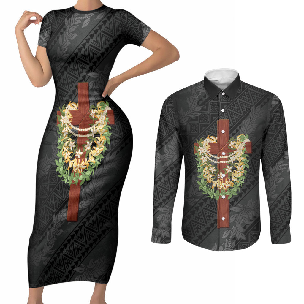 Hawaii Ka Pule a ka Haku Memorial Couples Matching Short Sleeve Bodycon Dress and Long Sleeve Button Shirt Flower Lei Cross - Black LT7 Black - Polynesian Pride