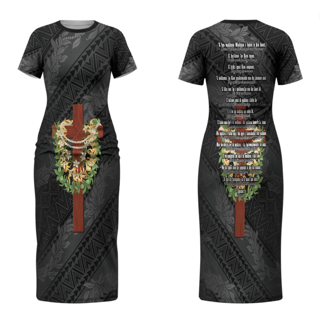 Hawaii Ka Pule a ka Haku Memorial Couples Matching Short Sleeve Bodycon Dress and Long Sleeve Button Shirt Flower Lei Cross - Black LT7 - Polynesian Pride