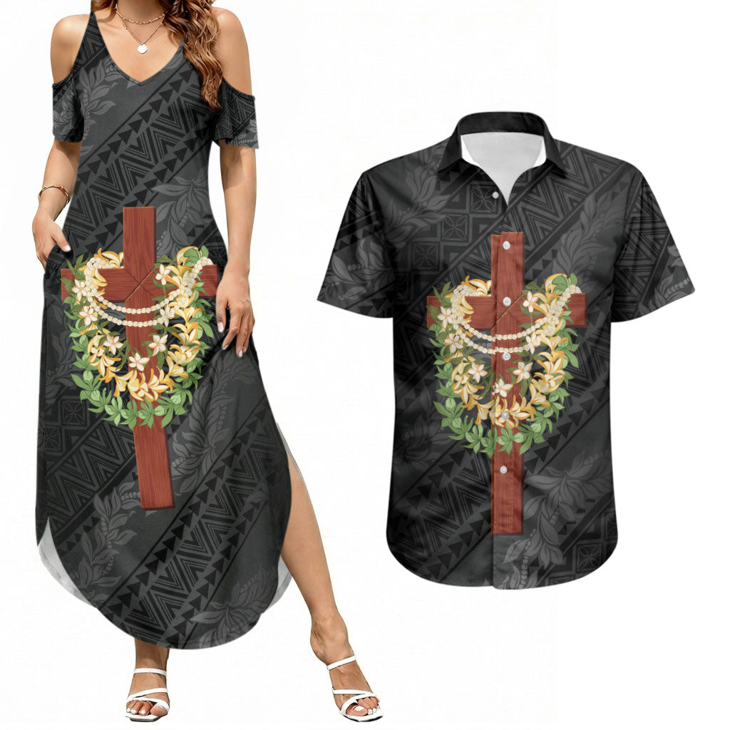 Hawaii Ka Pule a ka Haku Memorial Couples Matching Summer Maxi Dress and Hawaiian Shirt Flower Lei Cross - Black LT7 Black - Polynesian Pride
