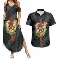 Hawaii Ka Pule a ka Haku Memorial Couples Matching Summer Maxi Dress and Hawaiian Shirt Flower Lei Cross - Black LT7 Black - Polynesian Pride