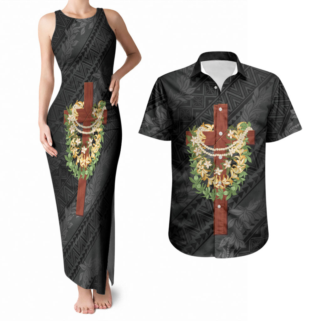 Hawaii ⁠Ka Pule a ka Haku Memorial Couples Matching Tank Maxi Dress and Hawaiian Shirt Flower Lei Cross - Black