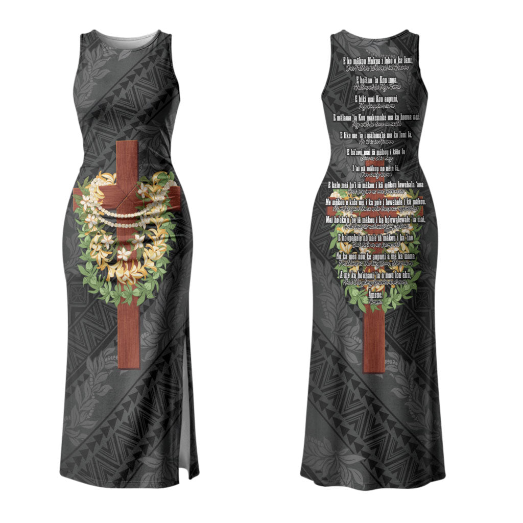 Hawaii Ka Pule a ka Haku Memorial Couples Matching Tank Maxi Dress and Long Sleeve Button Shirt Flower Lei Cross - Black LT7 - Polynesian Pride