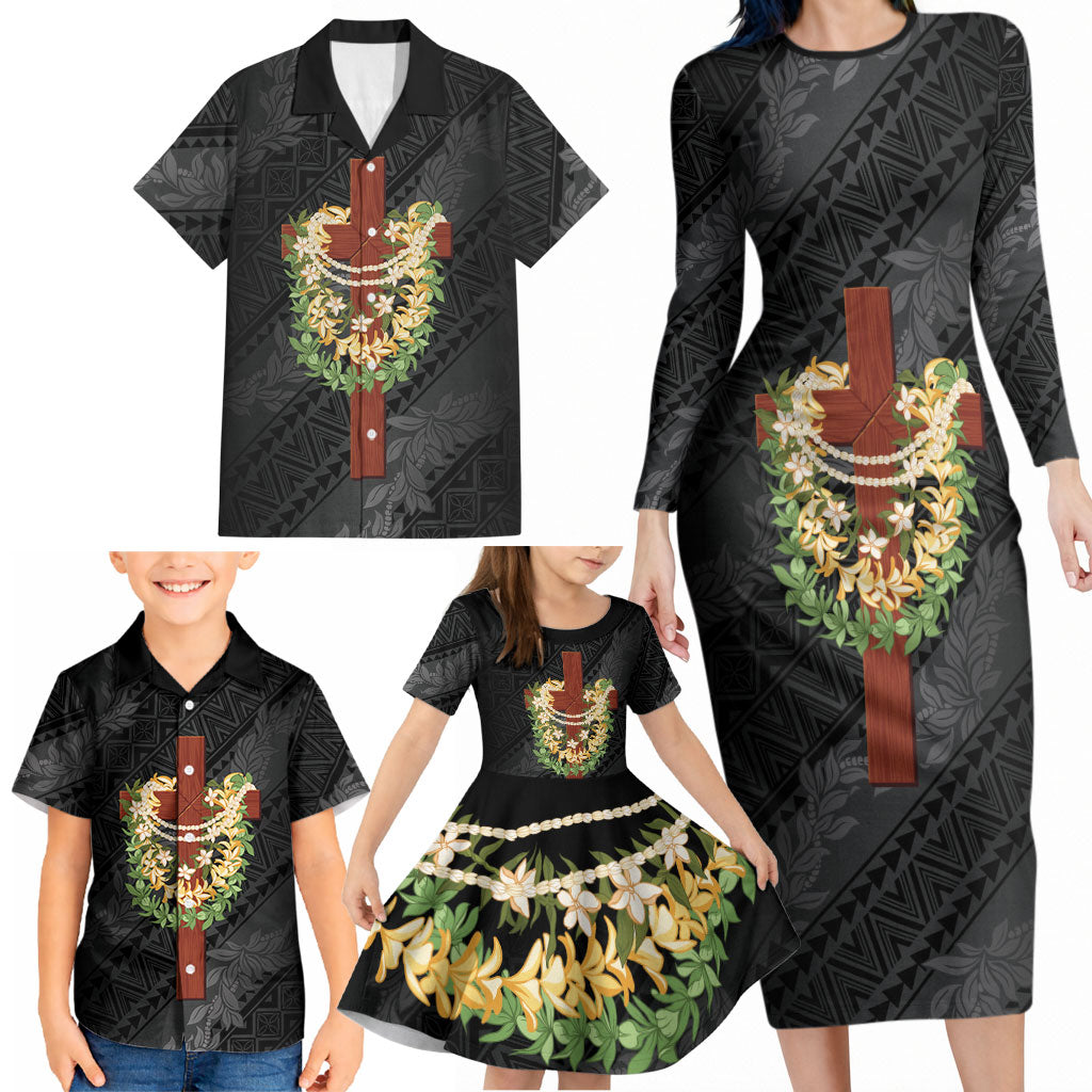 Hawaii ⁠Ka Pule a ka Haku Memorial Family Matching Long Sleeve Bodycon Dress and Hawaiian Shirt Flower Lei Cross - Black