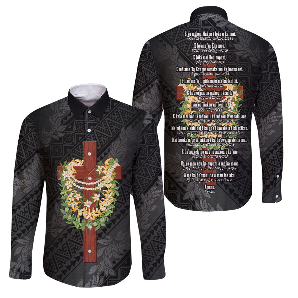 Hawaii Ka Pule a ka Haku Memorial Family Matching Mermaid Dress and Hawaiian Shirt Flower Lei Cross - Black LT7 Dad's Shirt - Long Sleeve Black - Polynesian Pride