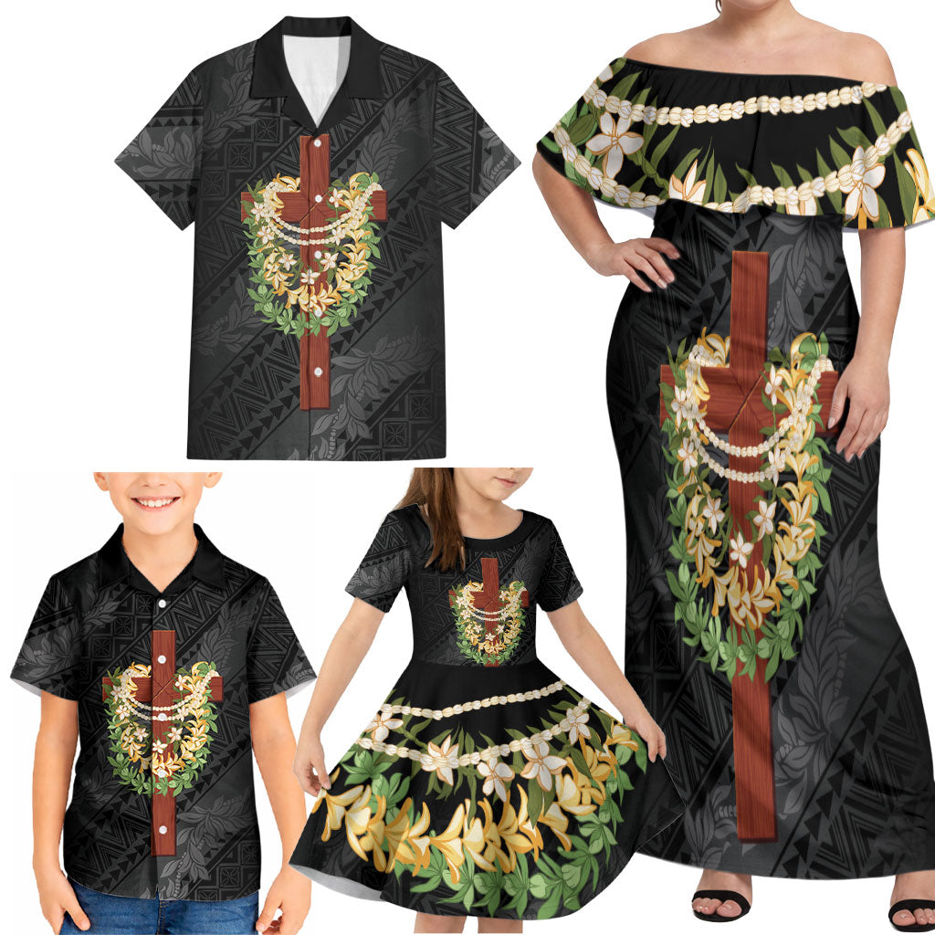 Hawaii Ka Pule a ka Haku Memorial Family Matching Off Shoulder Maxi Dress and Hawaiian Shirt Flower Lei Cross - Black LT7 - Polynesian Pride