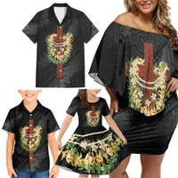 Hawaii Ka Pule a ka Haku Memorial Family Matching Off Shoulder Short Dress and Hawaiian Shirt Flower Lei Cross - Black LT7 - Polynesian Pride