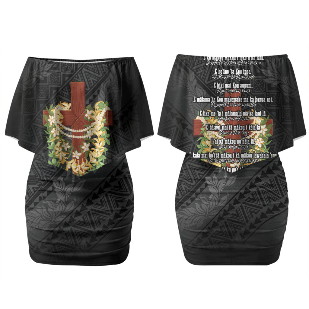 Hawaii Ka Pule a ka Haku Memorial Family Matching Off Shoulder Short Dress and Hawaiian Shirt Flower Lei Cross - Black LT7 Mom's Dress Black - Polynesian Pride