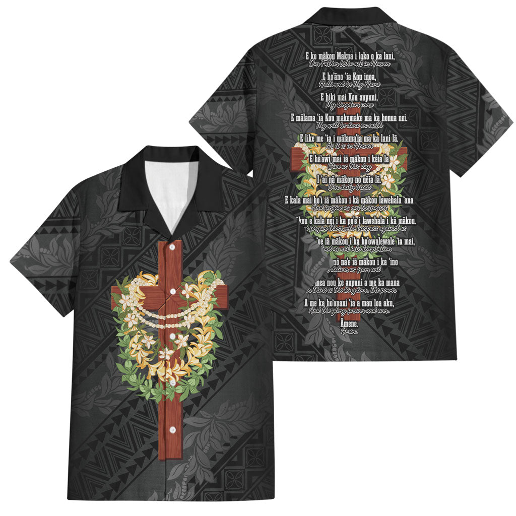 Hawaii Ka Pule a ka Haku Memorial Family Matching Off Shoulder Short Dress and Hawaiian Shirt Flower Lei Cross - Black LT7 Dad's Shirt - Short Sleeve Black - Polynesian Pride