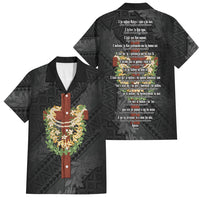 Hawaii Ka Pule a ka Haku Memorial Family Matching Off Shoulder Short Dress and Hawaiian Shirt Flower Lei Cross - Black LT7 Dad's Shirt - Short Sleeve Black - Polynesian Pride